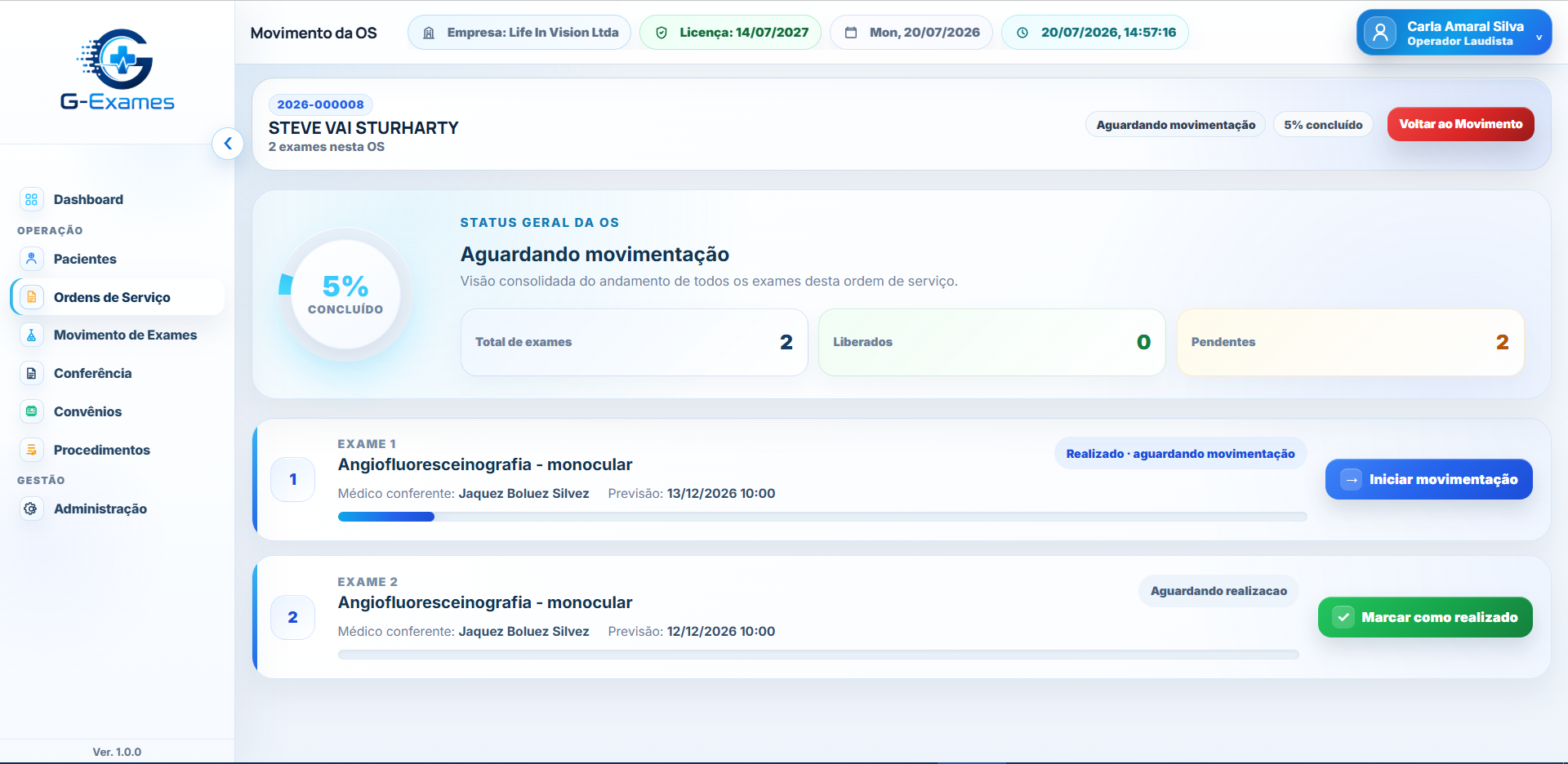 Movimentação dos exames da ordem de serviço