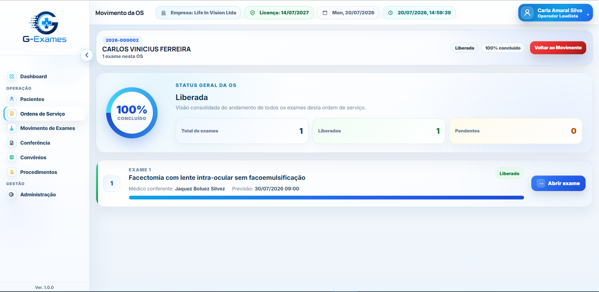 Movimento de exame liberado