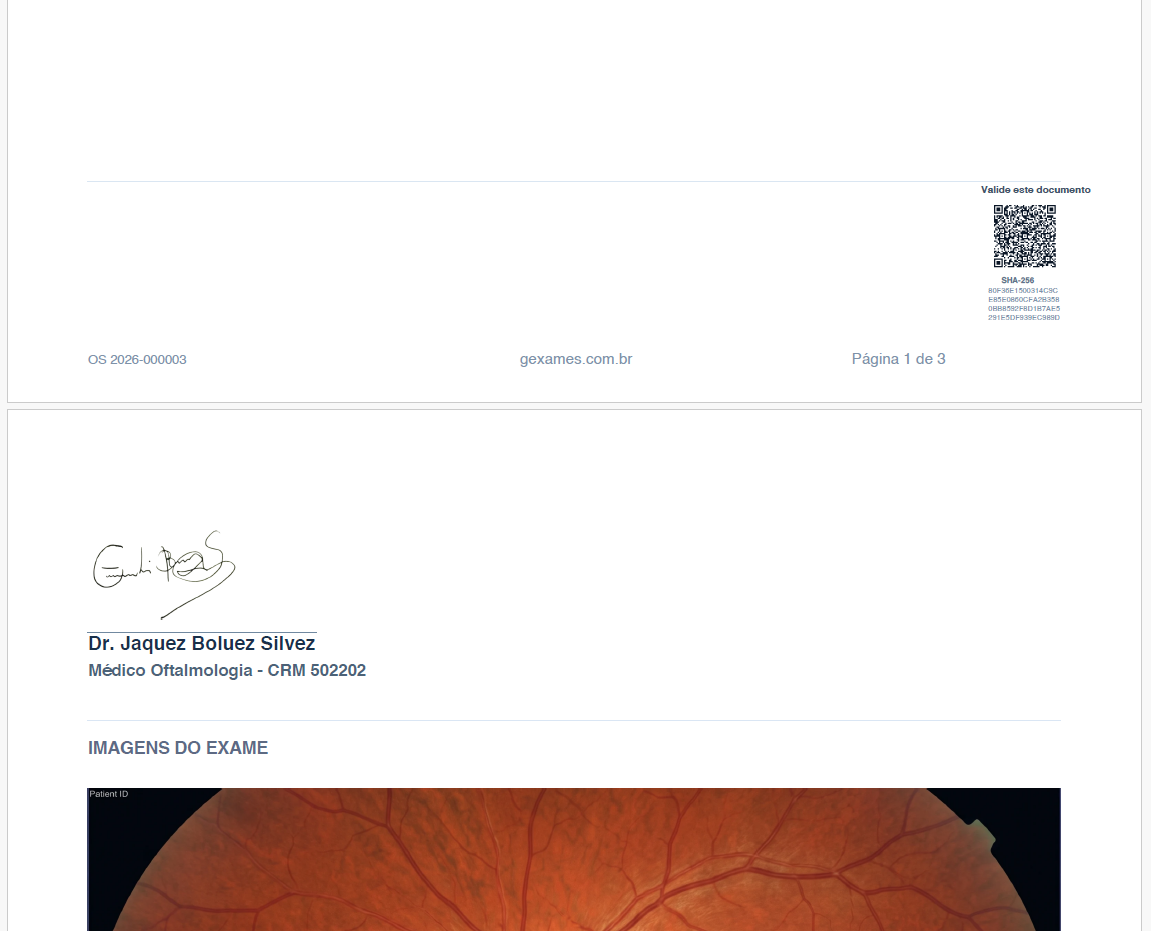 Laudo com assinatura médica e QR Code